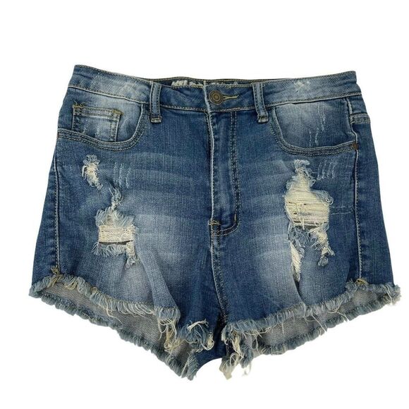 Machine Blue Jean Shorts Distressed Cut Off High Rise Stretch Denim Size Large - Picture 1 of 9